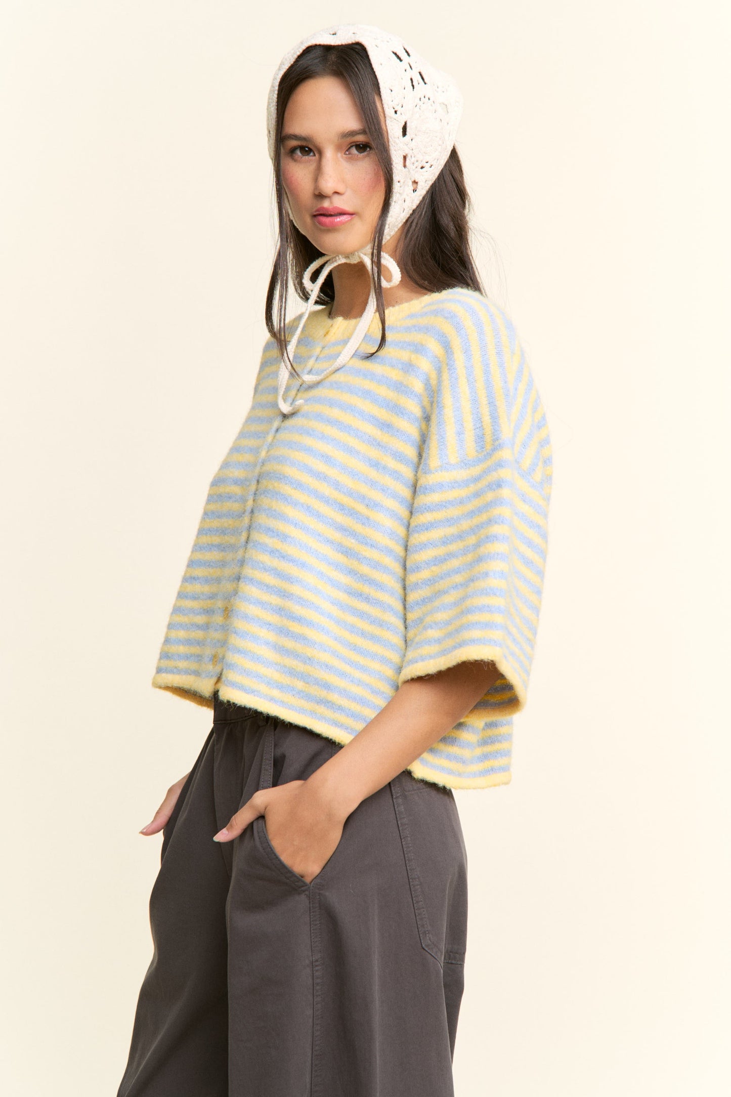 Multi Striped Cropped Soft Knit Cardigan Blue/Yellow