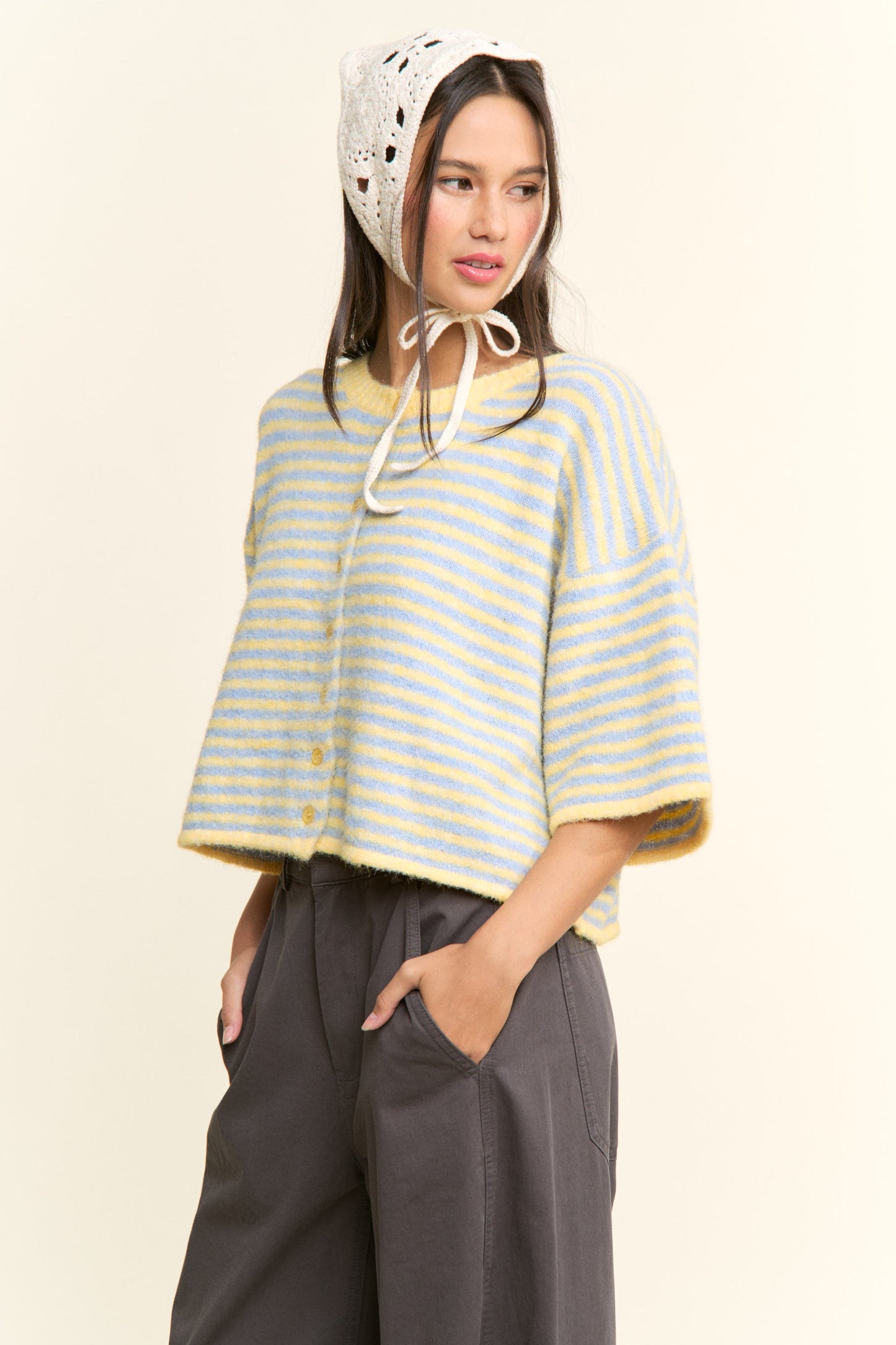 Multi Striped Cropped Soft Knit Cardigan Blue/Yellow