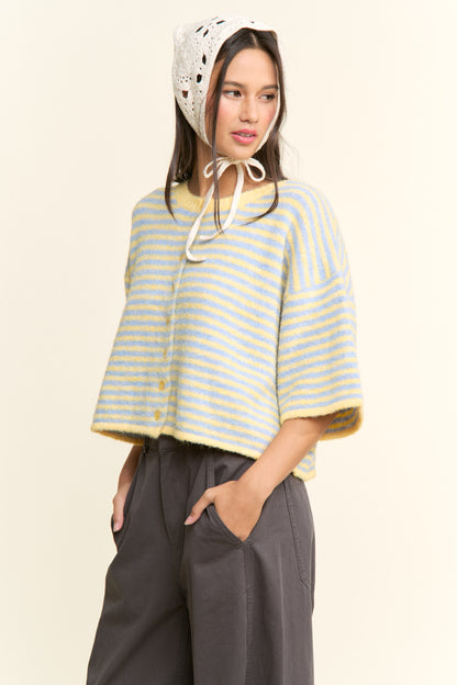 Multi Striped Cropped Soft Knit Cardigan Blue/Yellow