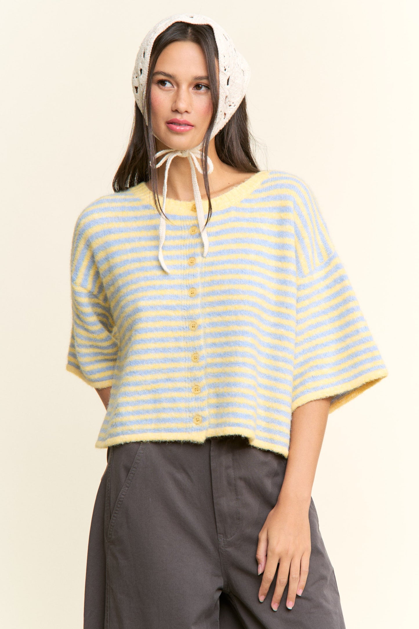 Multi Striped Cropped Soft Knit Cardigan Blue/Yellow