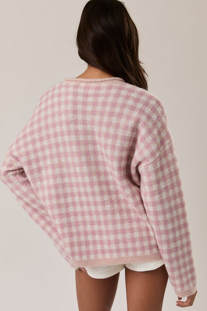 Rolled Hemline Detail Check Half Button Sweater