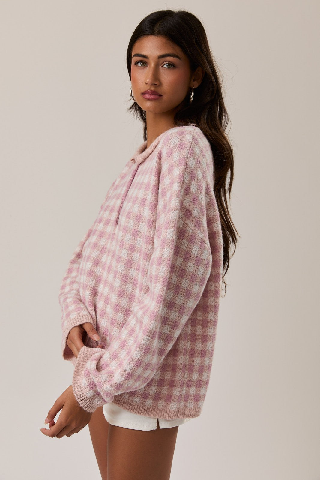 Rolled Hemline Detail Check Half Button Sweater