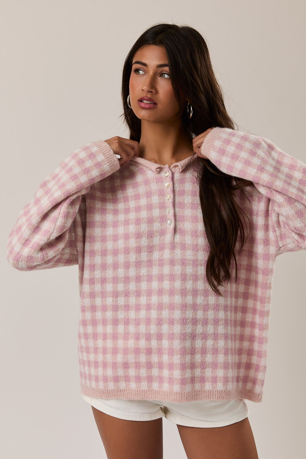 Rolled Hemline Detail Check Half Button Sweater