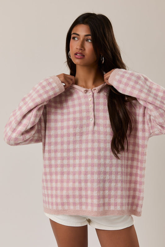 Rolled Hemline Detail Check Half Button Sweater
