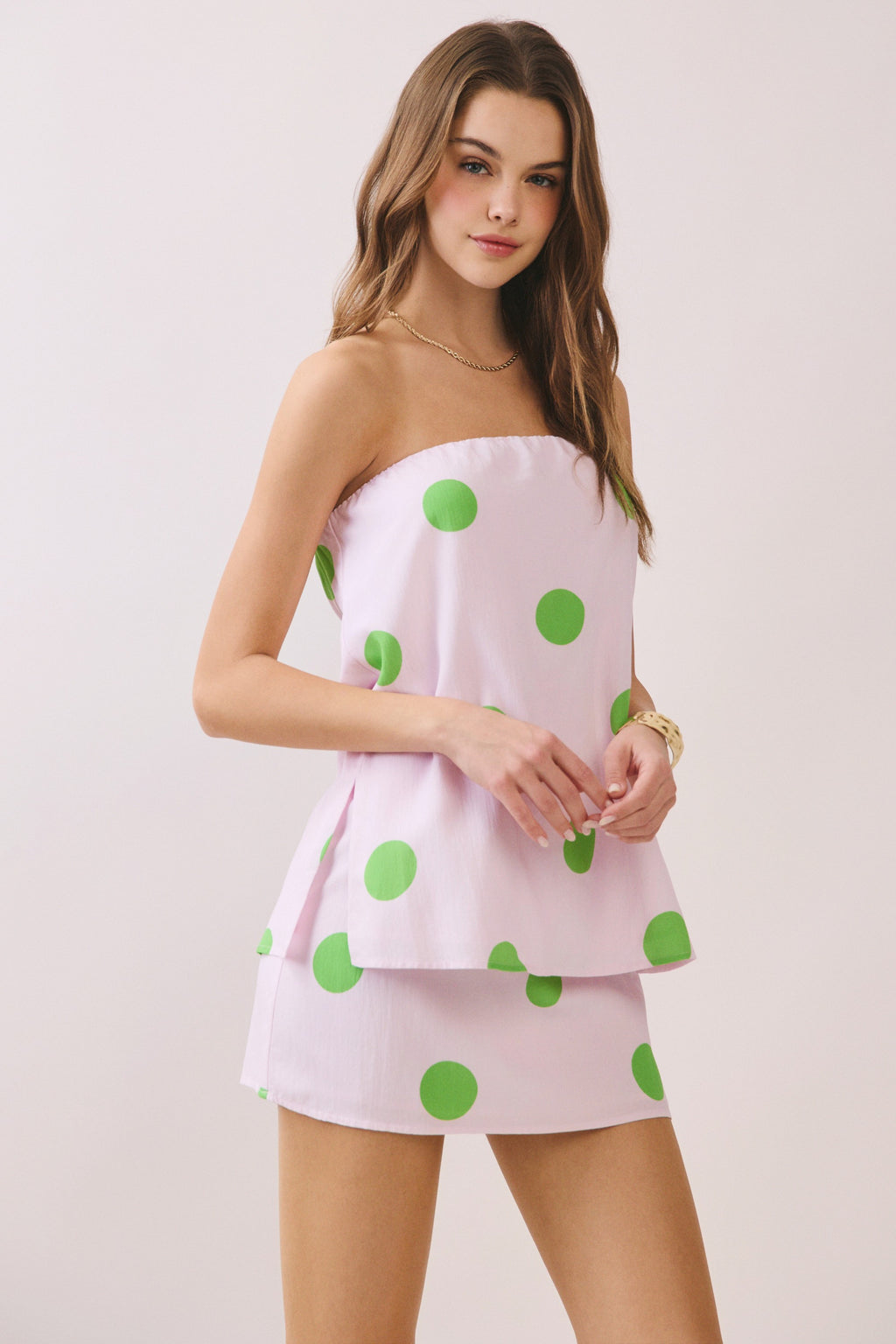 Polka Dot Elasticized Neck Strapless Top