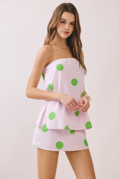 Polka Dot Elasticized Neck Strapless Top