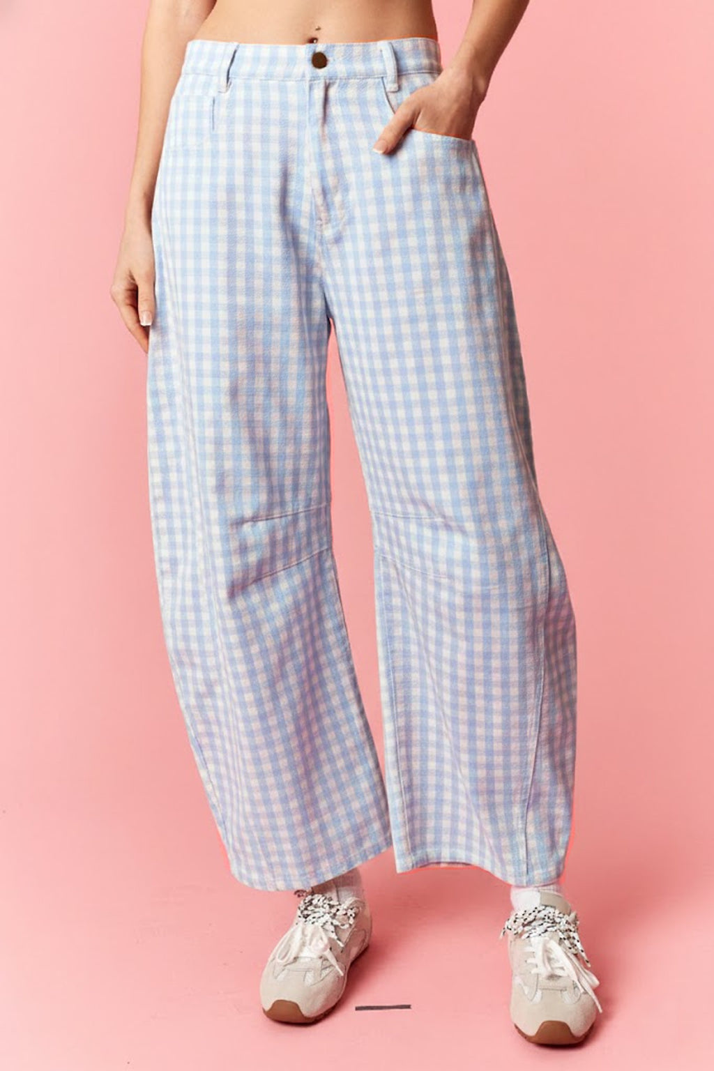 Washed Gingham Printed Twill Barrel Pants