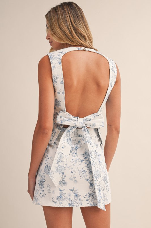 Floral Printed Stretch Twill Open Back Skort Set