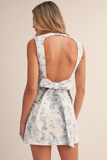 Floral Printed Stretch Twill Open Back Skort Set