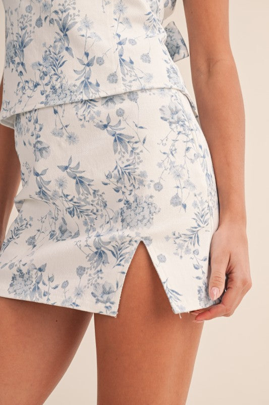 Floral Printed Stretch Twill Open Back Skort Set