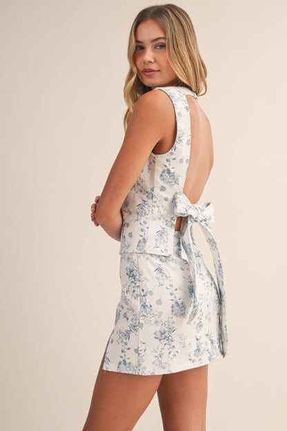 Floral Printed Stretch Twill Open Back Skort Set