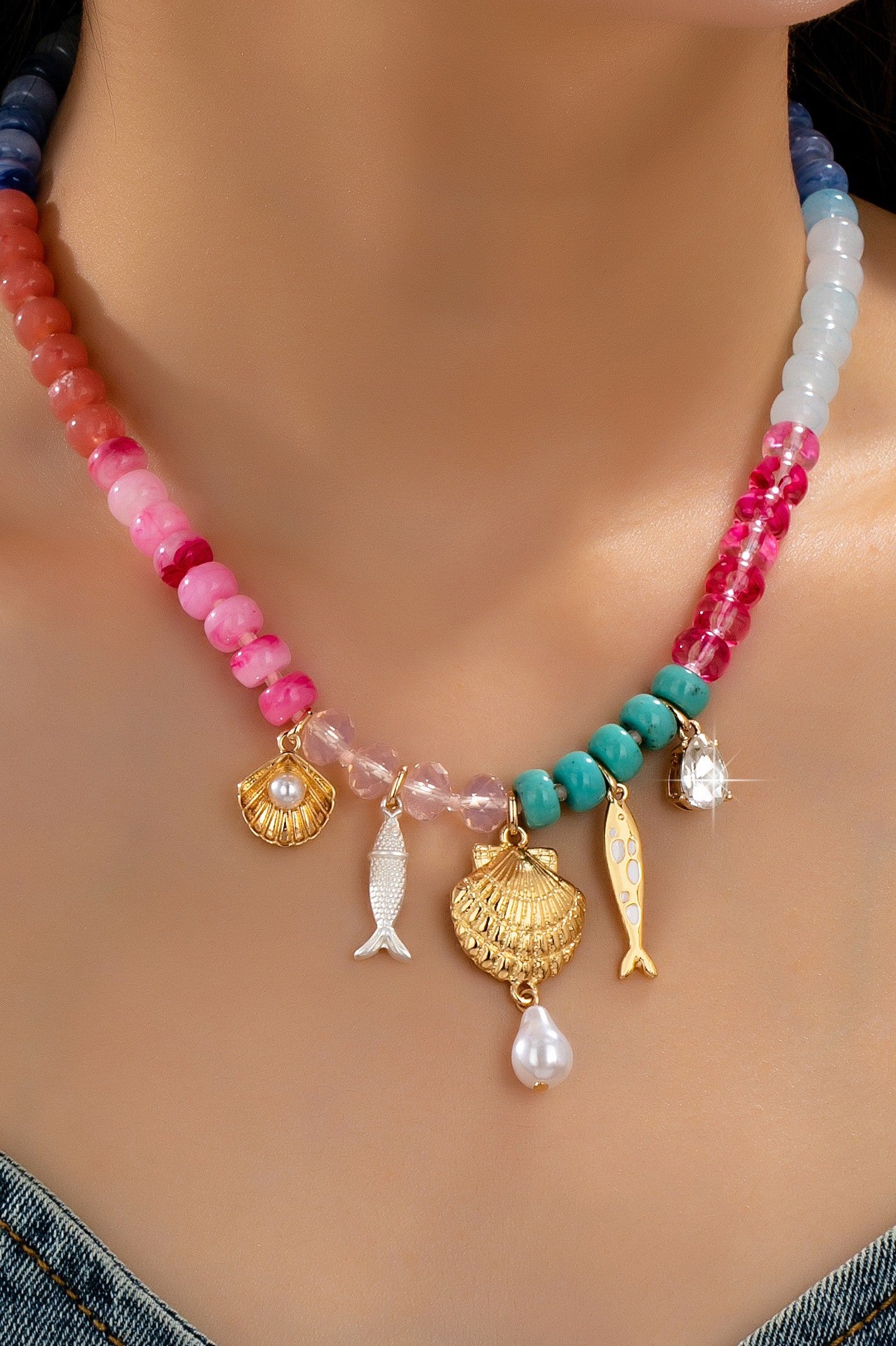 Nautical Multi-color Beaded Charm Necklace