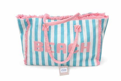 Beach Striped Tote Bag Blue with Pink Trim