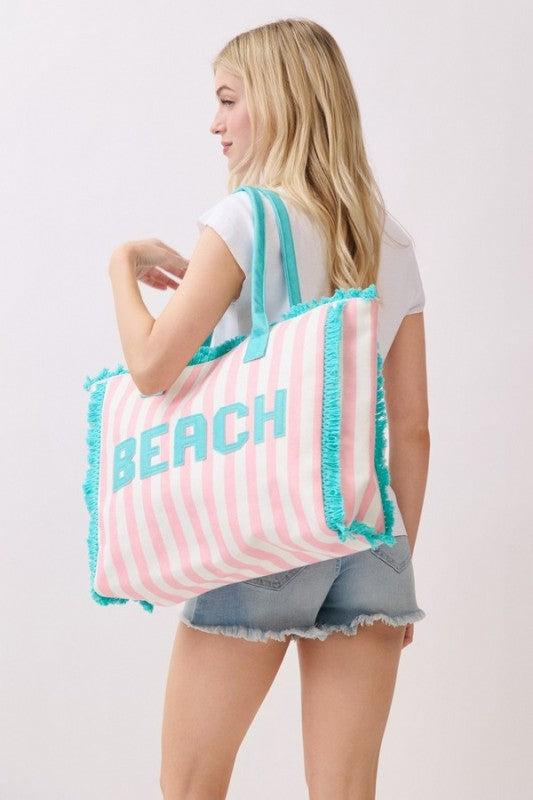 Beach Striped Tote Bag Pink with Blue Trim
