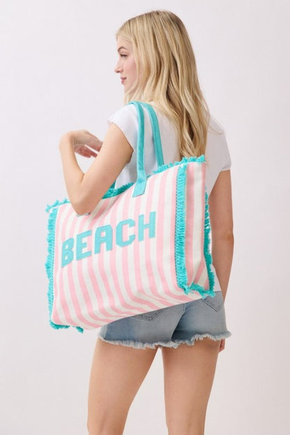 Beach Striped Tote Bag Pink with Blue Trim