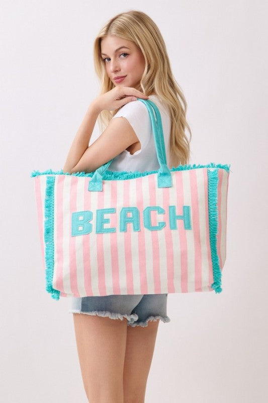 Beach Striped Tote Bag Pink with Blue Trim