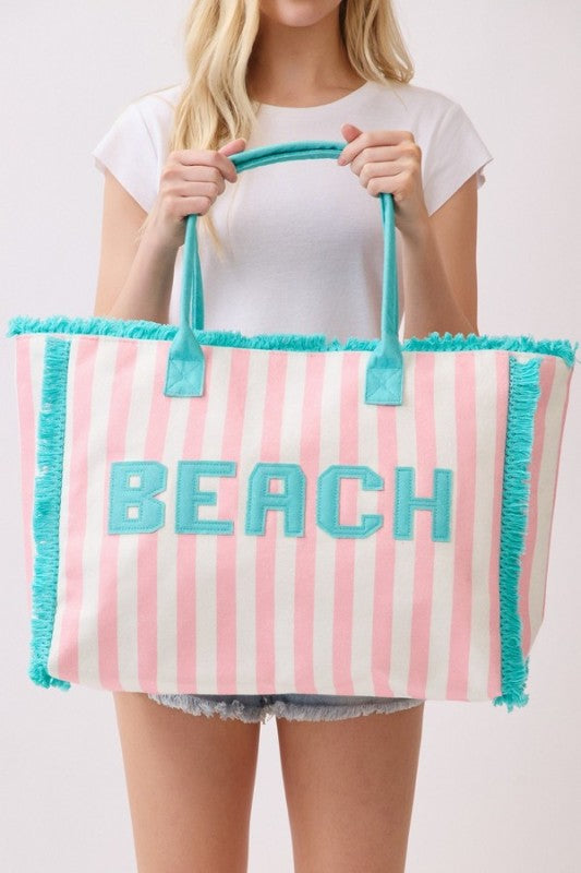 Beach Striped Tote Bag Pink with Blue Trim
