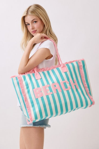 Beach Striped Tote Bag Blue with Pink Trim