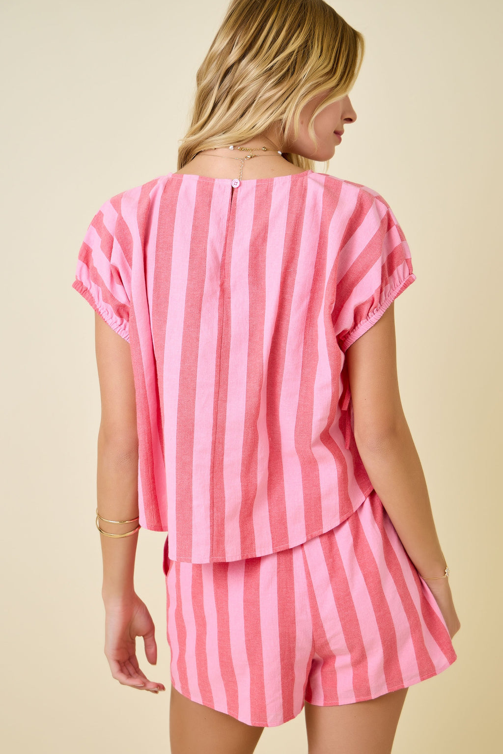 Striped Crew Neck Top W/ Shirred Sleeves And Ties and Shorts