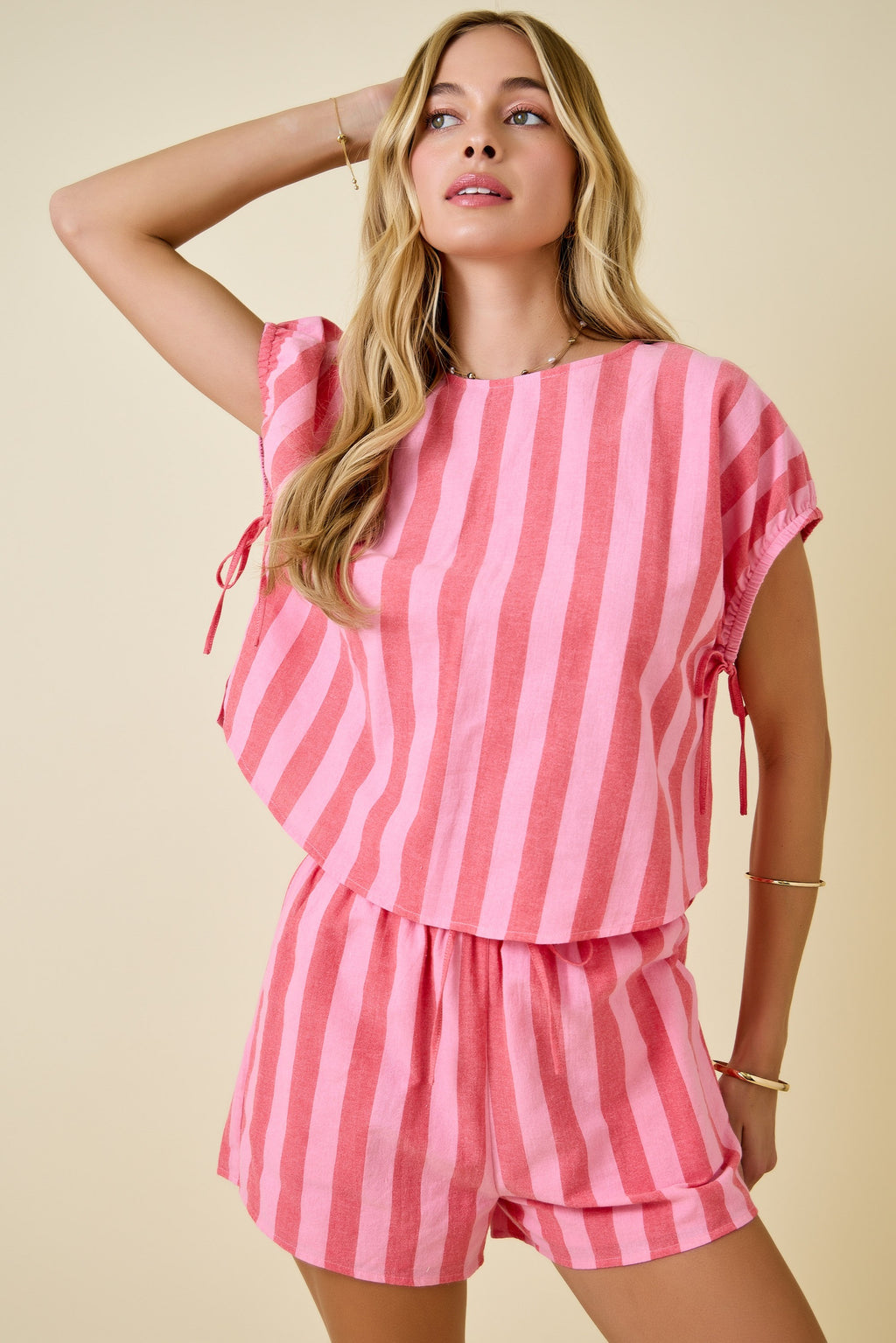 Striped Crew Neck Top W/ Shirred Sleeves And Ties and Shorts