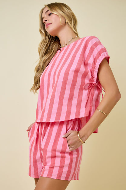 Striped Crew Neck Top W/ Shirred Sleeves And Ties and Shorts