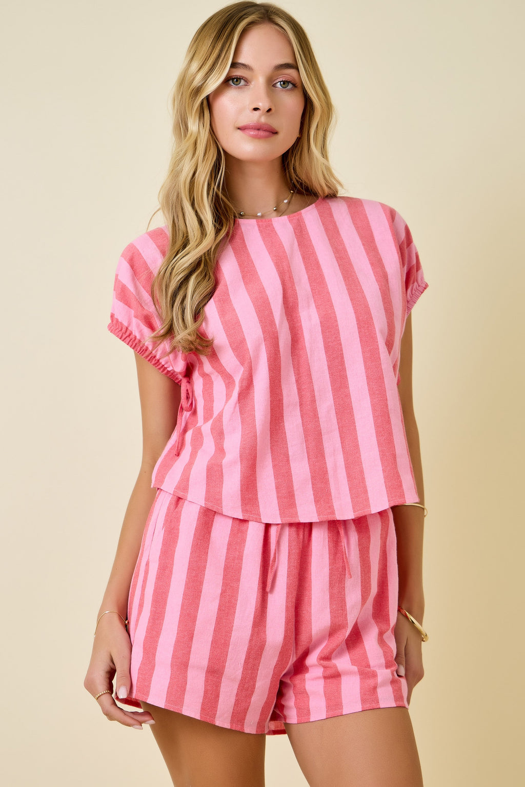 Striped Crew Neck Top W/ Shirred Sleeves And Ties and Shorts