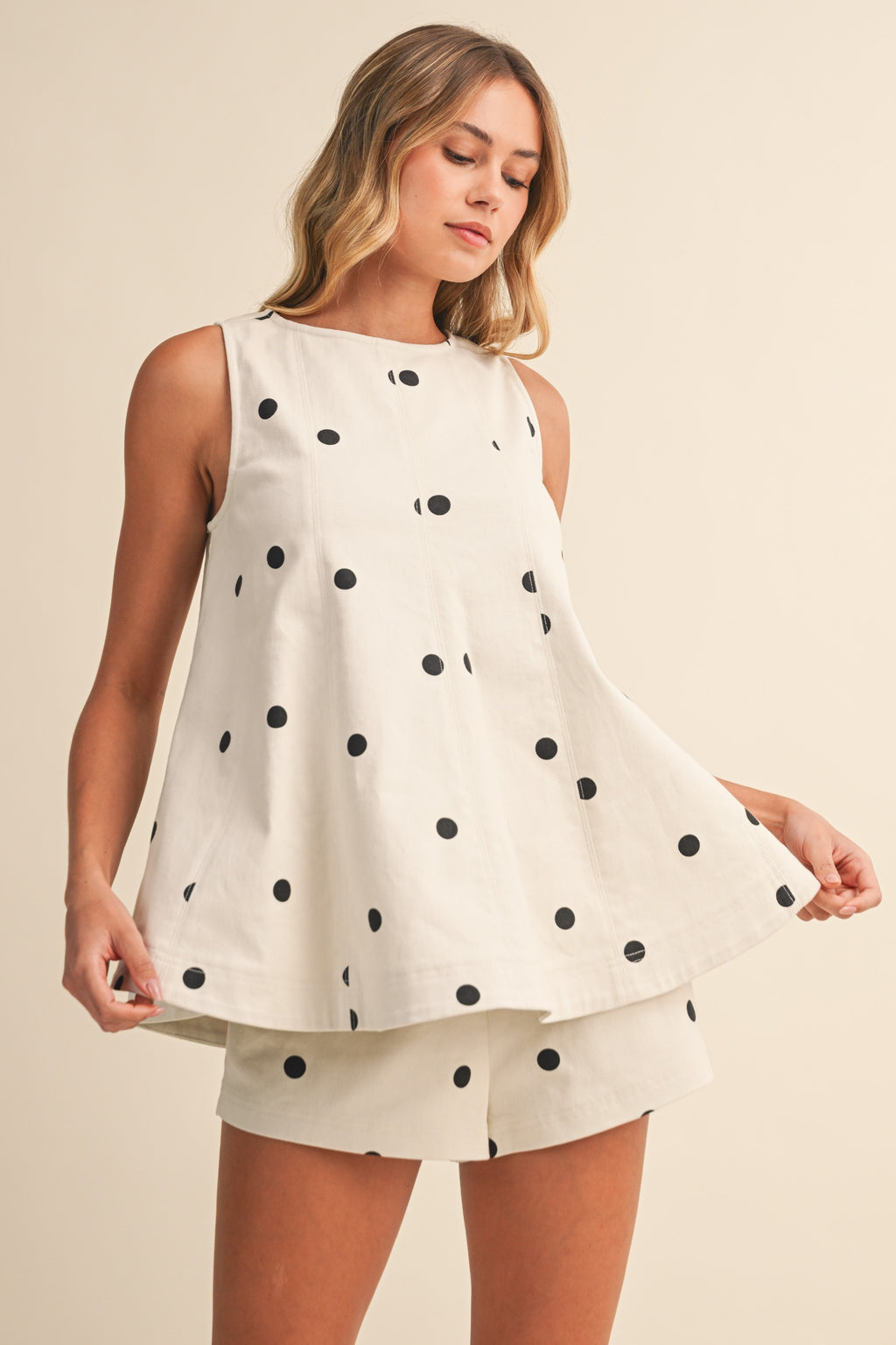 Polka Dot Denim Longline Top And Short Set