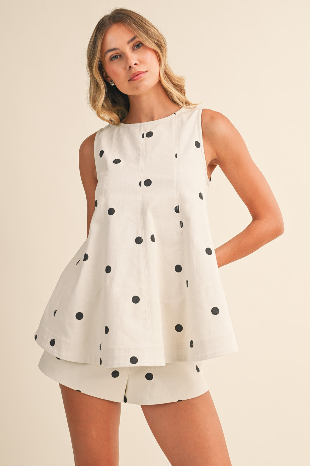 Polka Dot Denim Longline Top And Short Set