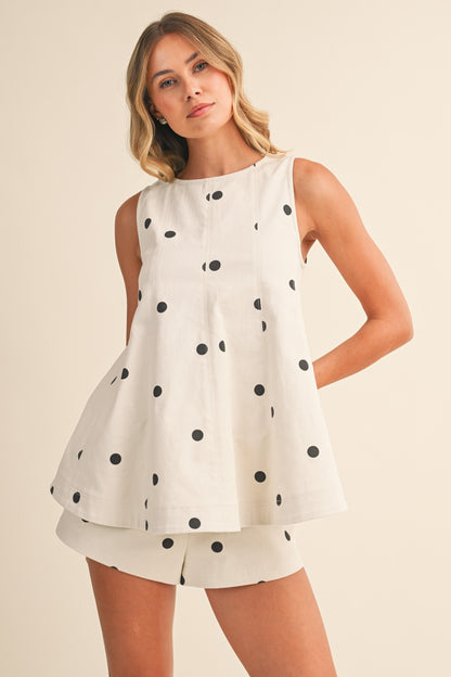 Polka Dot Denim Longline Top And Short Set