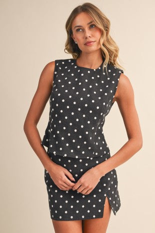 Polkadot Stretch Cotton Twill Open Back Top And Mini Skort
