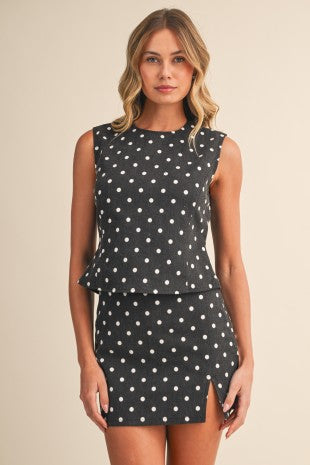 Polkadot Stretch Cotton Twill Open Back Top And Mini Skort