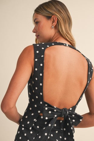 Polkadot Stretch Cotton Twill Open Back Top And Mini Skort