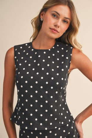 Polkadot Stretch Cotton Twill Open Back Top And Mini Skort