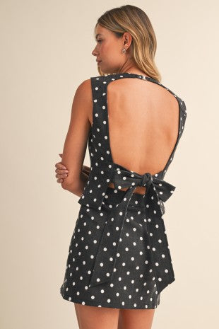 Polkadot Stretch Cotton Twill Open Back Top And Mini Skort