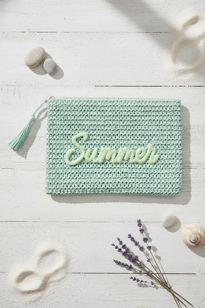 Summer Embroidery Woven Straw Pouch Bag Mint