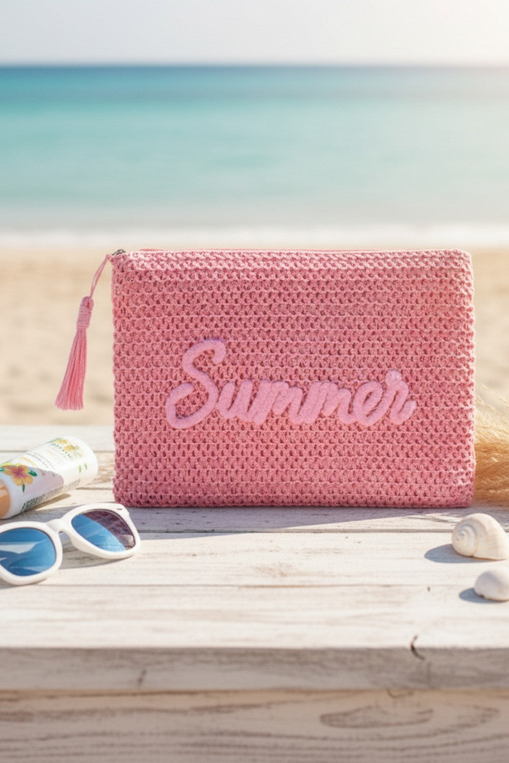 Summer Embroidery Woven Straw Pouch Bag Pink