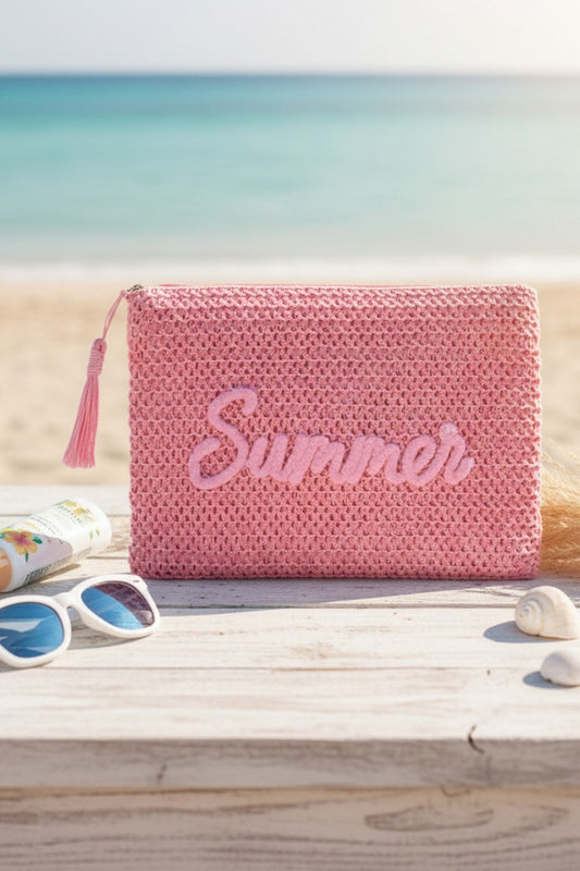 Summer Embroidery Woven Straw Pouch Bag Pink