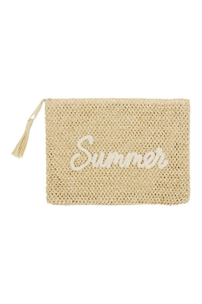 Summer Embroidery Woven Straw Pouch Bag Beige