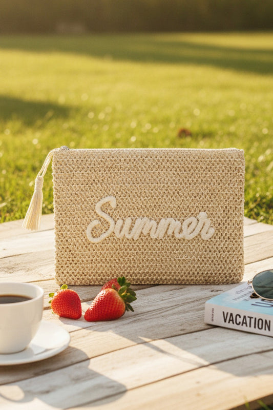 Summer Embroidery Woven Straw Pouch Bag Beige