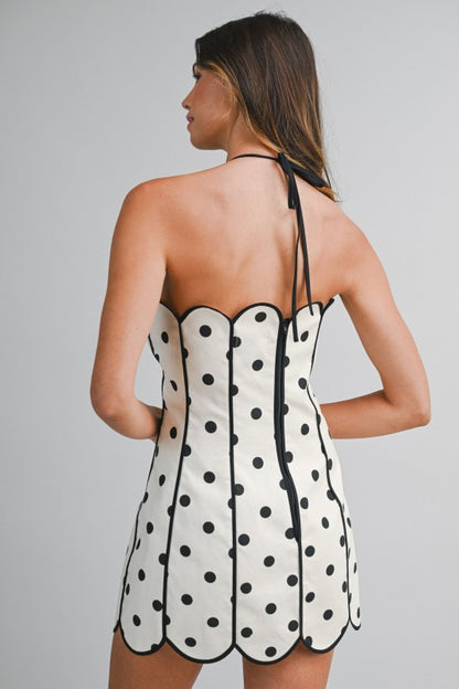 Strapless Polka Dot Halter Neck Back Tie Scalloped Mini Dress