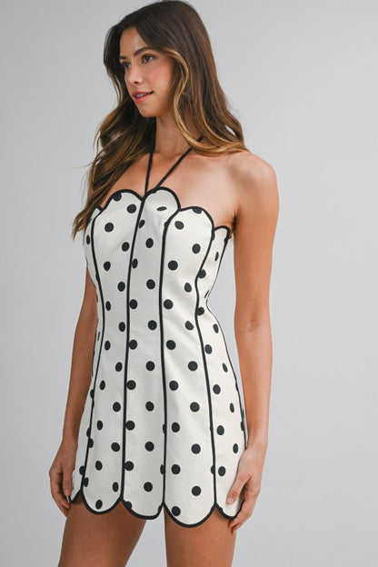 Strapless Polka Dot Halter Neck Back Tie Scalloped Mini Dress