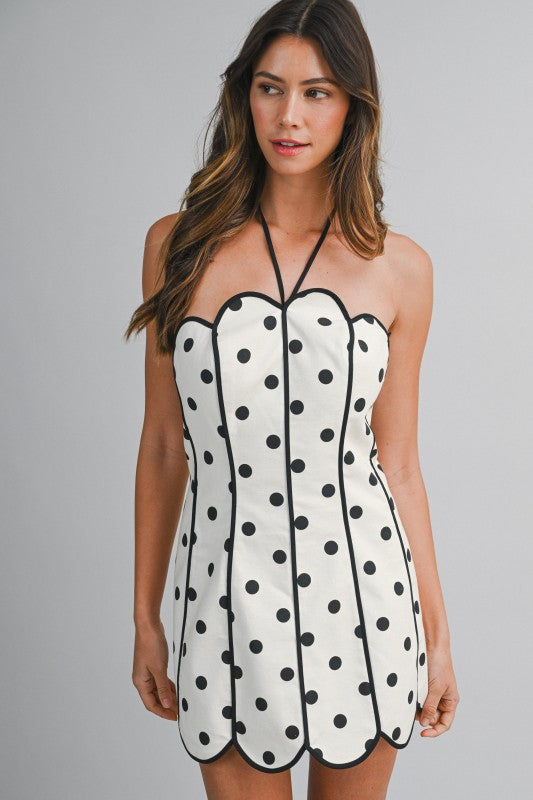 Strapless Polka Dot Halter Neck Back Tie Scalloped Mini Dress