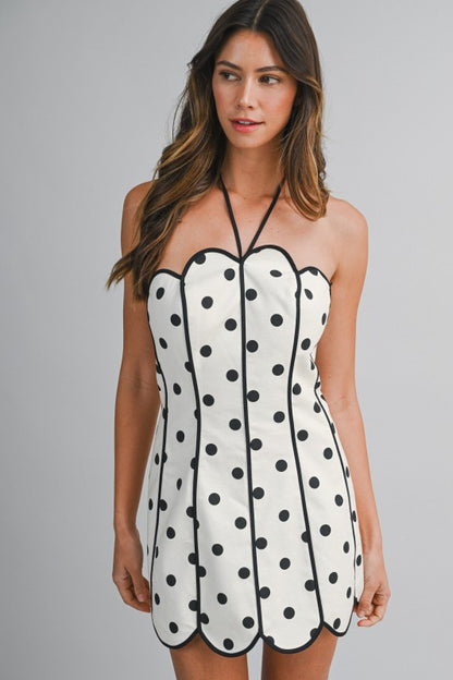 Strapless Polka Dot Halter Neck Back Tie Scalloped Mini Dress