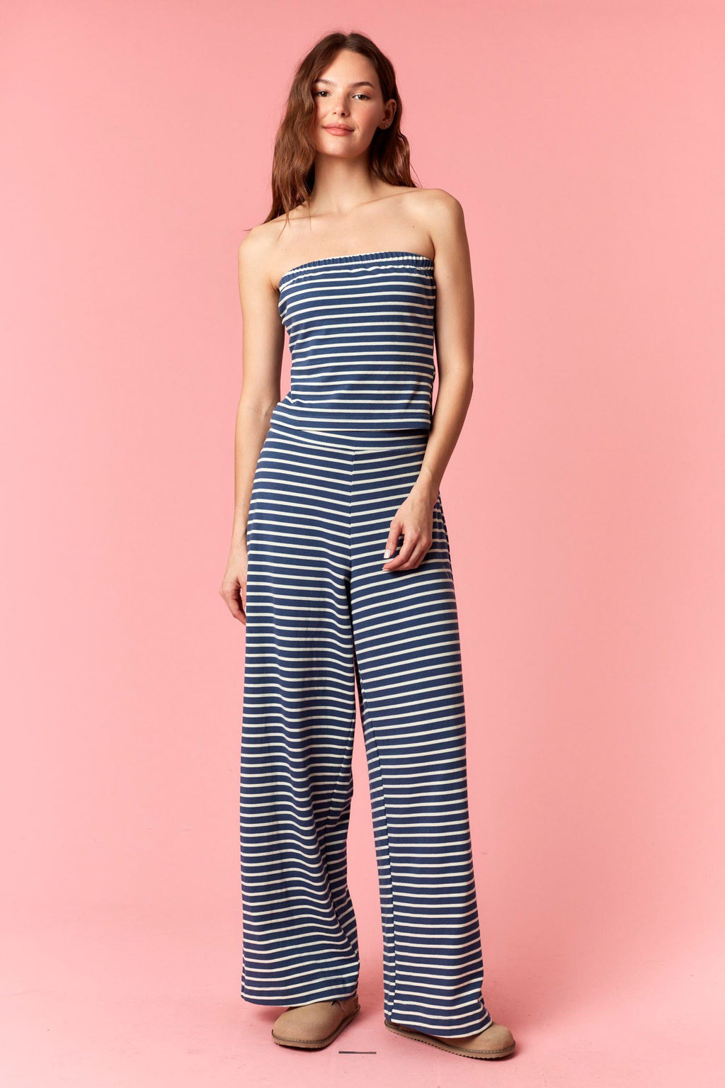 Striped Slim Tube And Wide Leg Pants Set