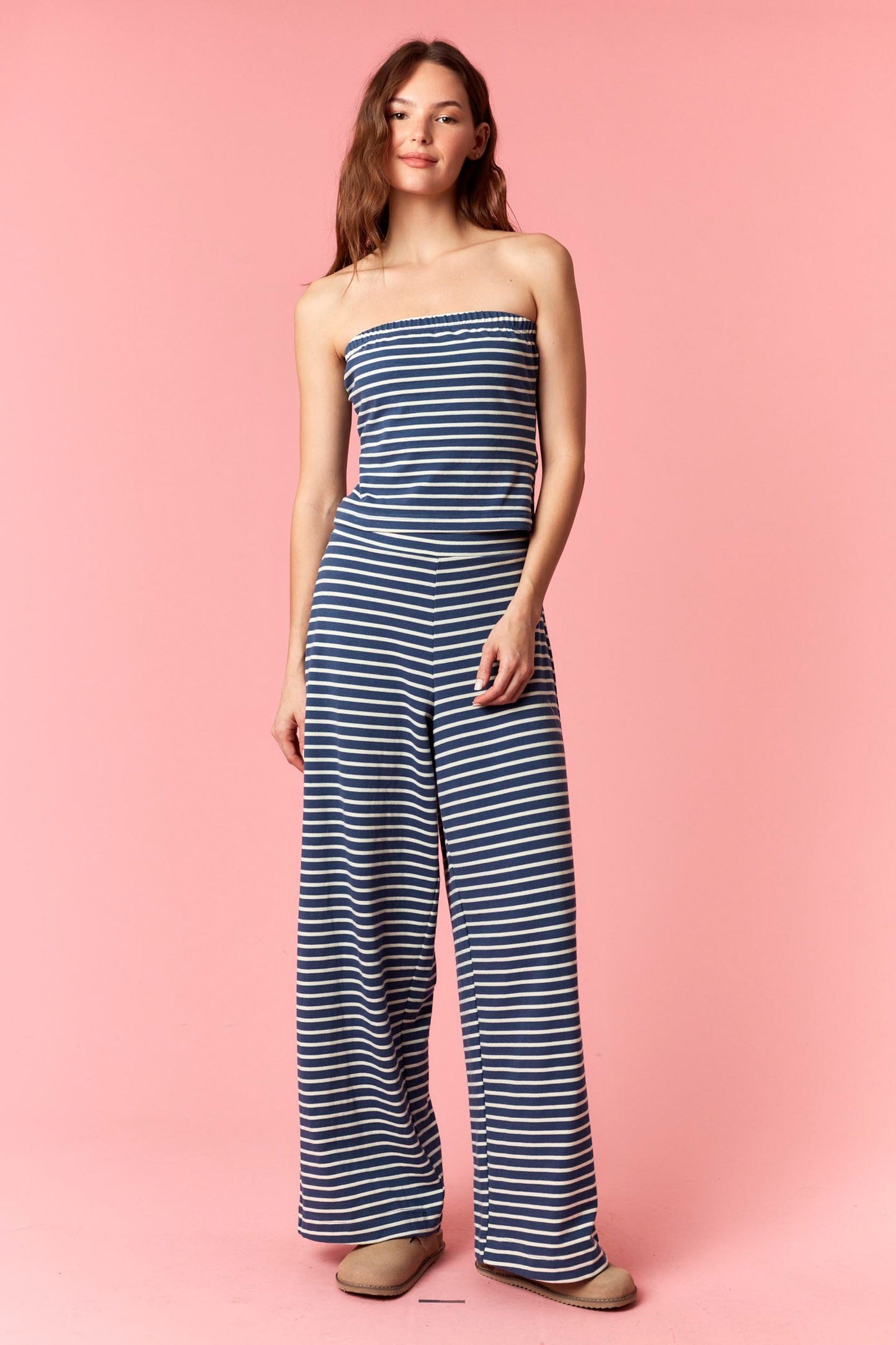 Striped Slim Tube And Wide Leg Pants Set