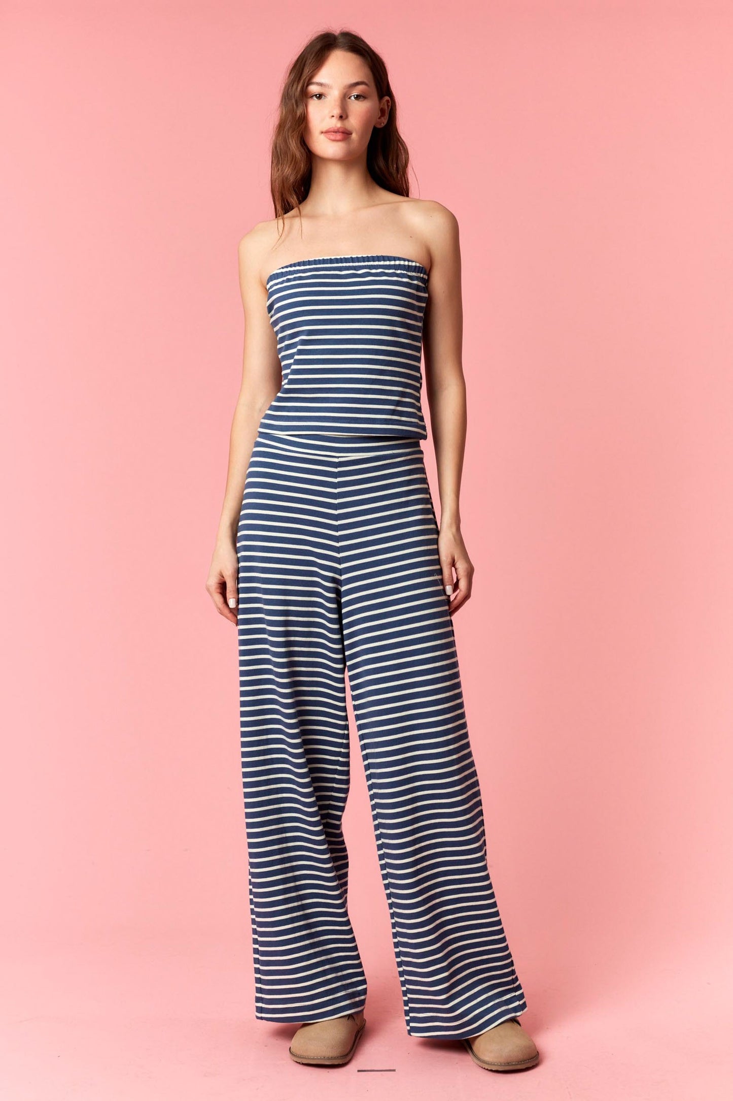 Striped Slim Tube And Wide Leg Pants Set