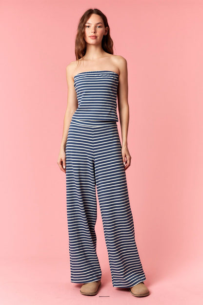 Striped Slim Tube And Wide Leg Pants Set