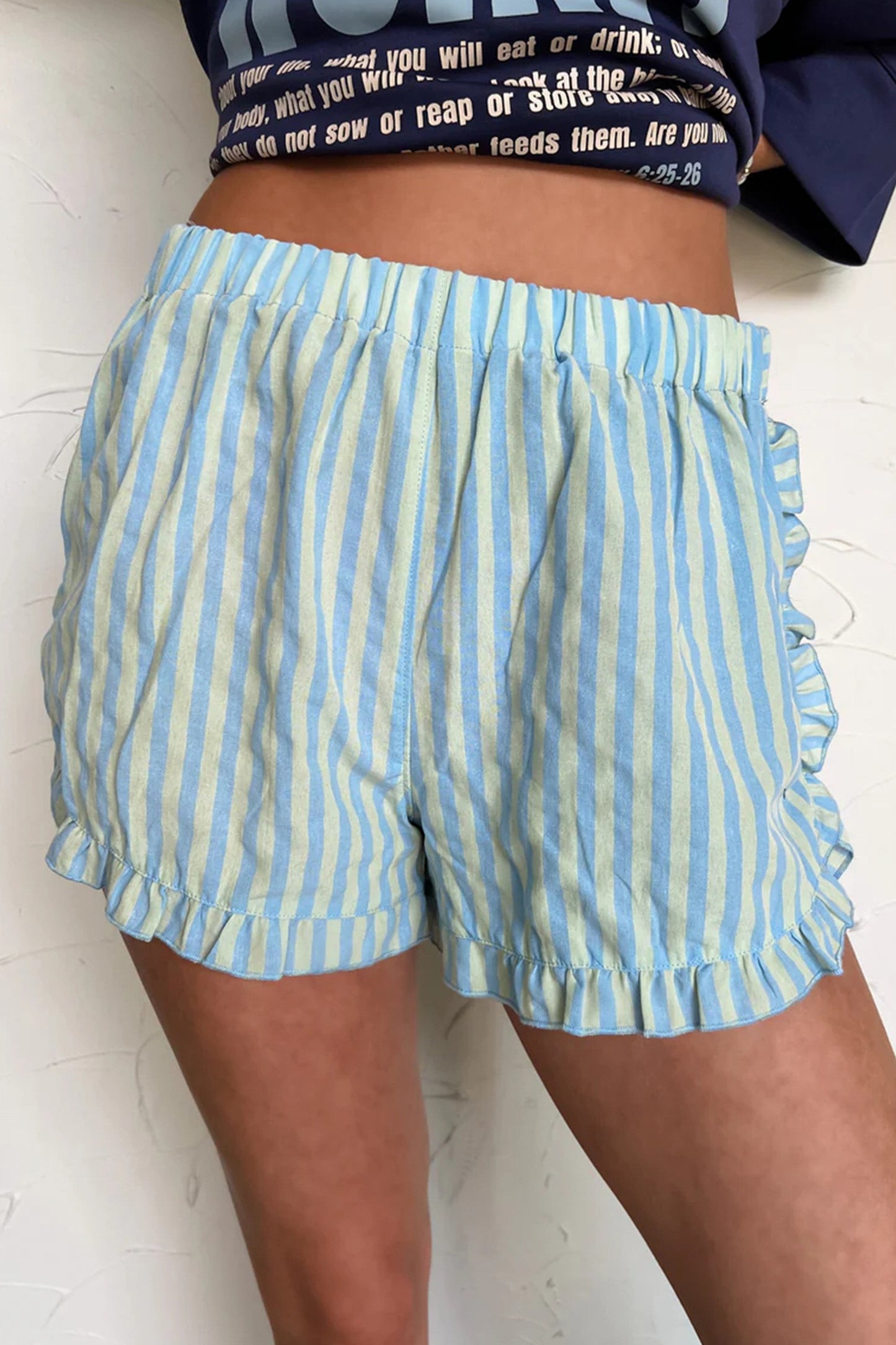Stripe Elastic Waist Ruffle Trim Casual Shorts Sky Blue