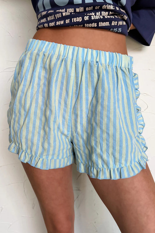 Stripe Elastic Waist Ruffle Trim Casual Shorts Sky Blue