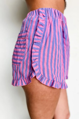 Stripe Elastic Waist Ruffle Trim Casual Shorts Rose Stripe